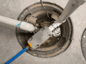 Sump pump basin with PVC pipes and pump system