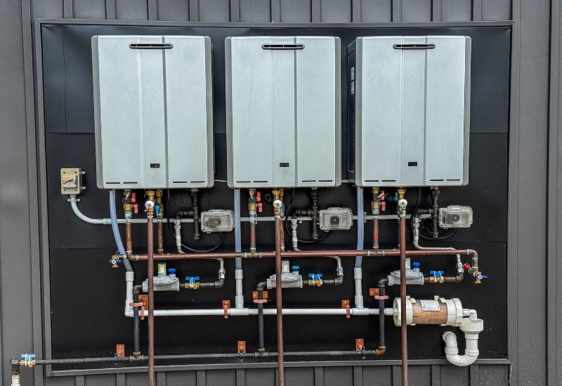 Three Wall-Mounted Tankless Water Heaters with Connected Pipes and Valves in Illinois