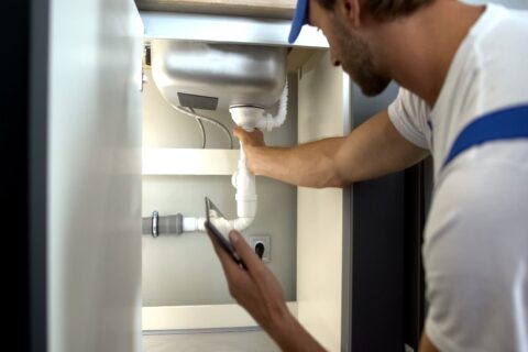 Professional plumber inspecting residential water pipes
